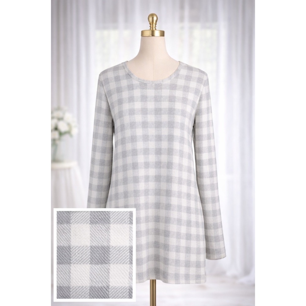 J. Jill‎ Luxe Pima Crew Neck High Low Tee Gray White Check Pima Cotton Size M